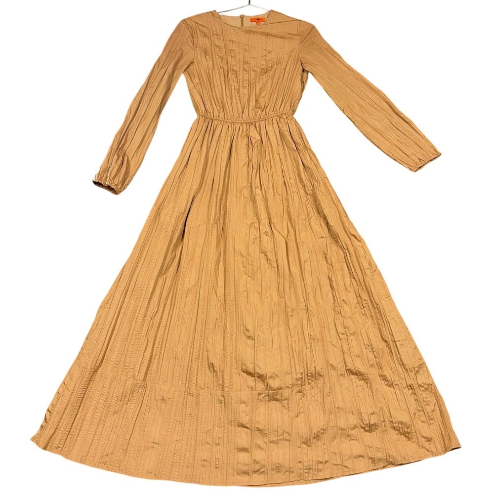 Maple & Cliff Dress Womens XS Tan Maxi Pleated Long Sleeve Elastic Waist Boho